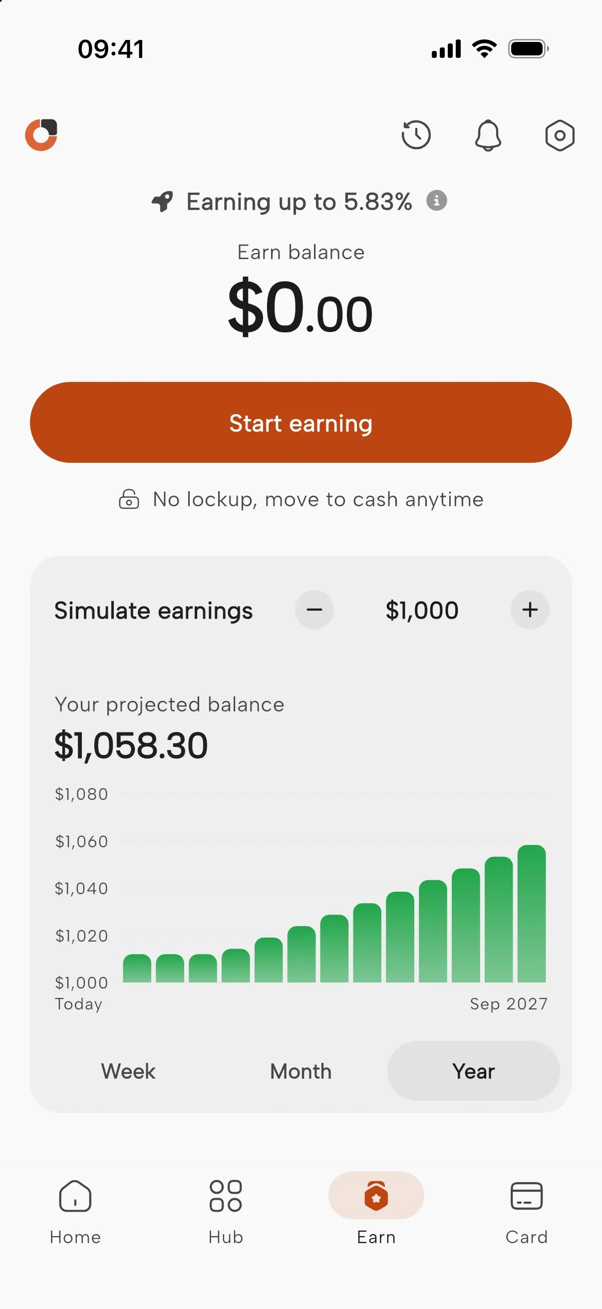 Okrin Earn screen with an earnings simulator and a Start earning button