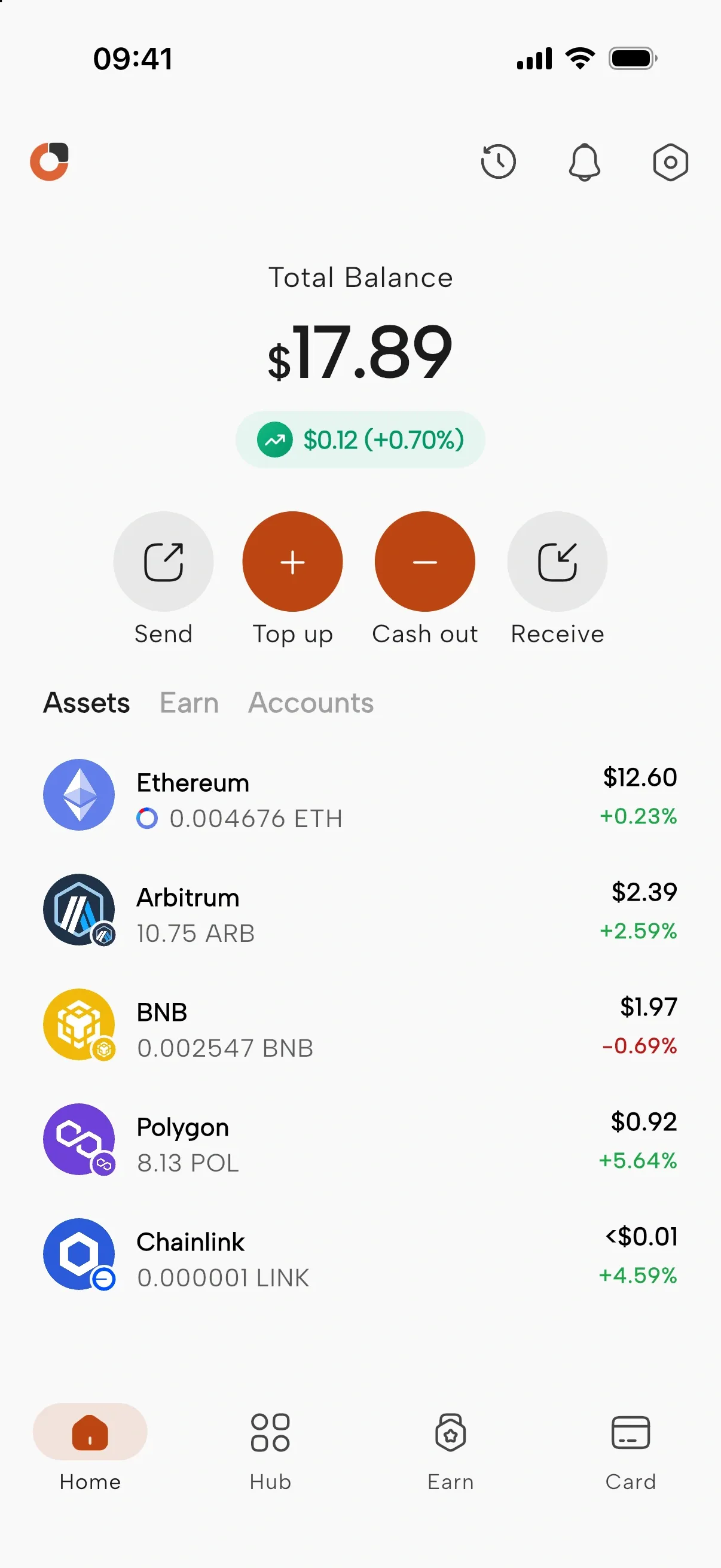 Okrin home screen showing total balance, send, top up, cash out and receive actions, and assets across networks