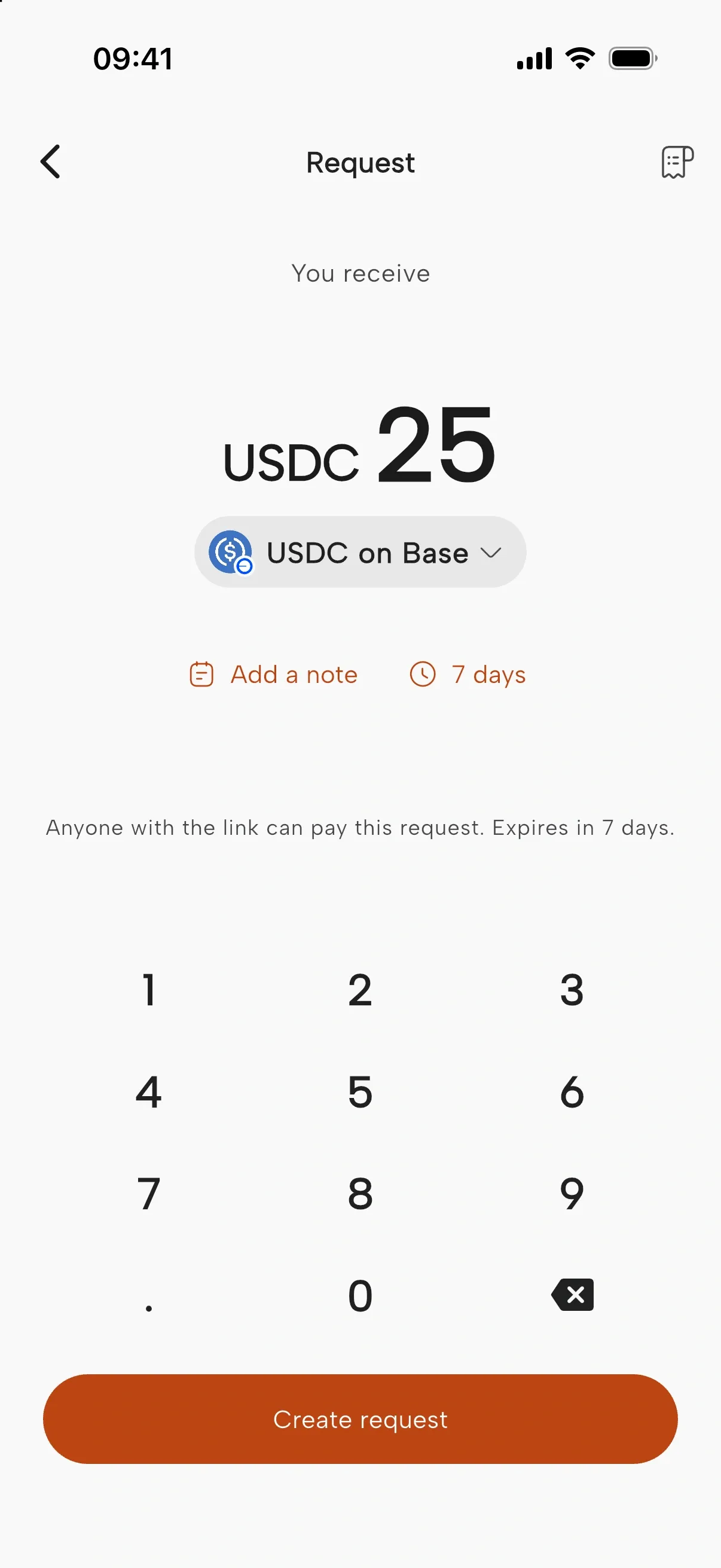 Okrin request screen: you receive 25 USDC on Base, with a note, a 7-day expiry, and a note that anyone with the link can pay