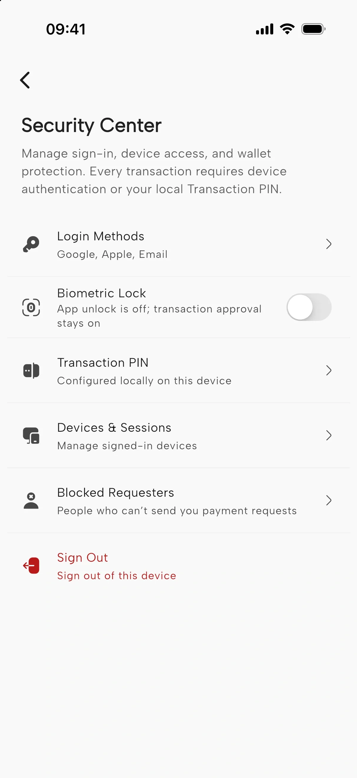 Okrin Security Center with login methods, biometric lock, transaction PIN, and devices and sessions