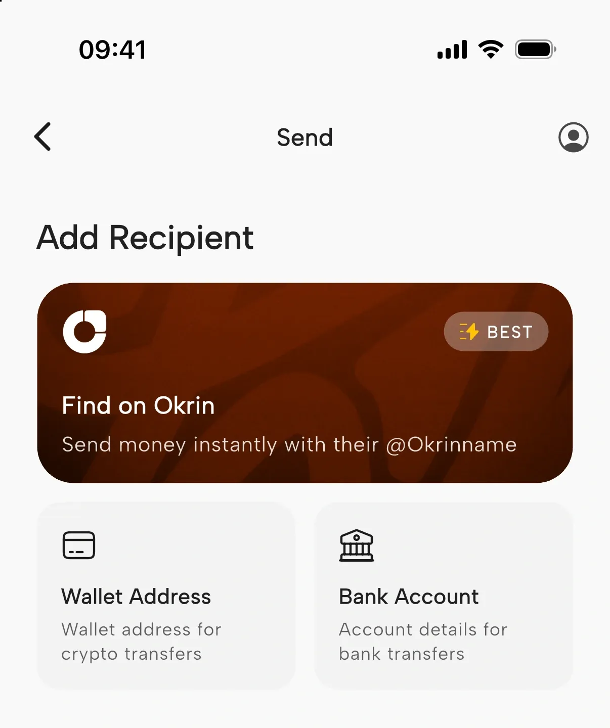 Okrin send screen offering Find on Okrin by @Okrinname, wallet address or bank account