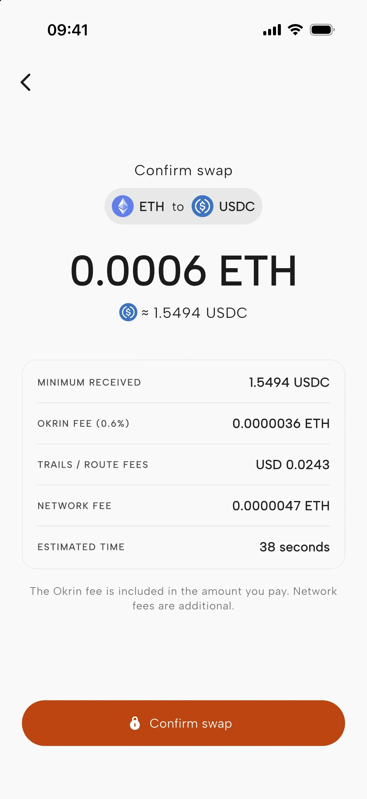 Okrin swap confirmation showing ETH to USDC with every fee listed before you confirm